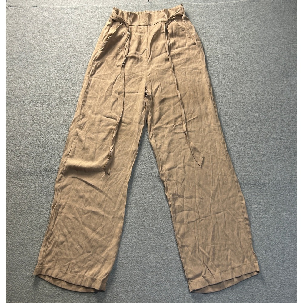 Haute Monde Wide Leg Palazzo Pants Womens Small Taupe Paperbag Waist Tie Belt